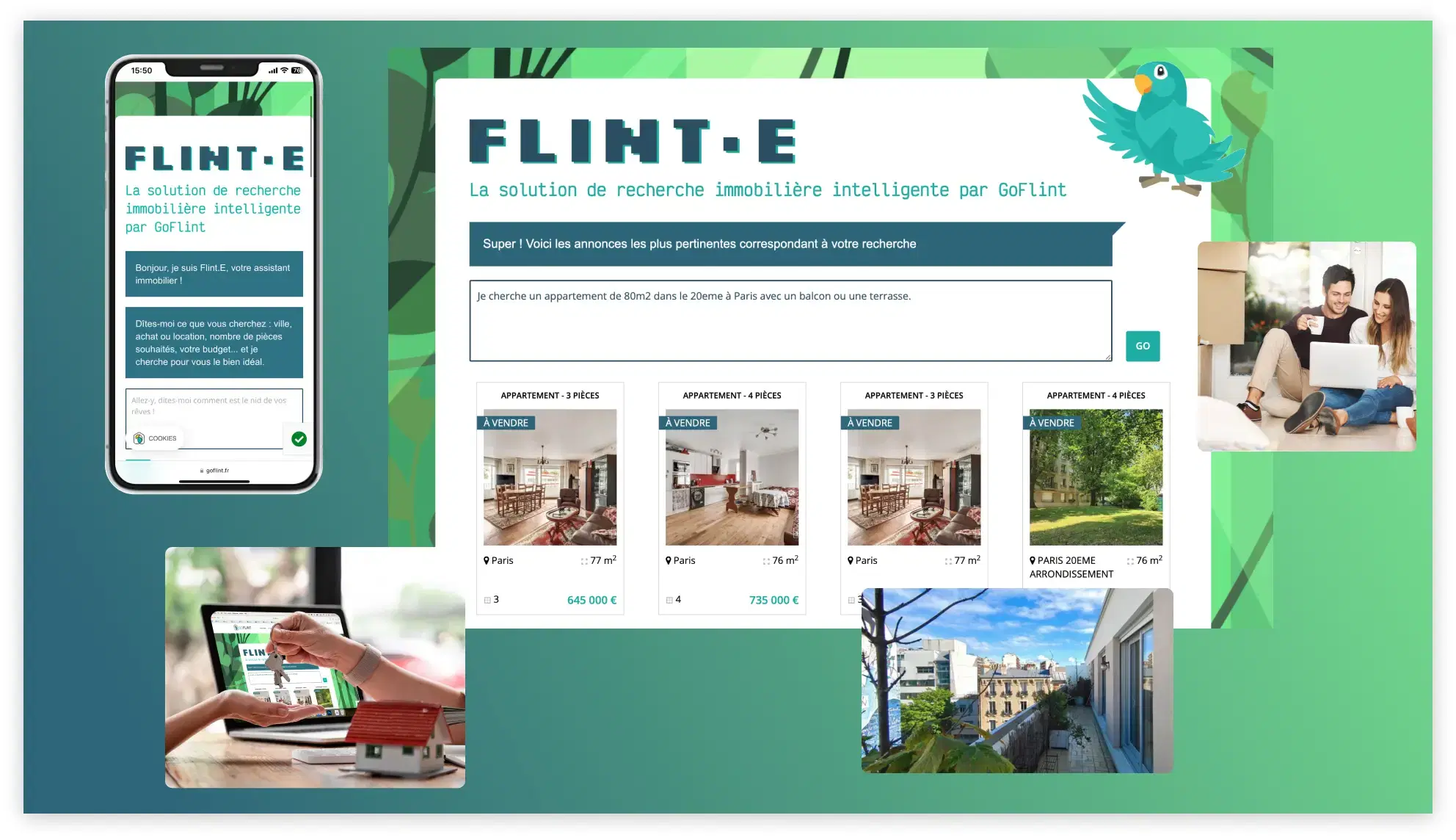 Captures d'écran du site Web de GoFlint pour la recherche et la publicité immobilières, équipé d'un robot de recherche IA appelé Flint-E, conçu et développé par Darwin Digital