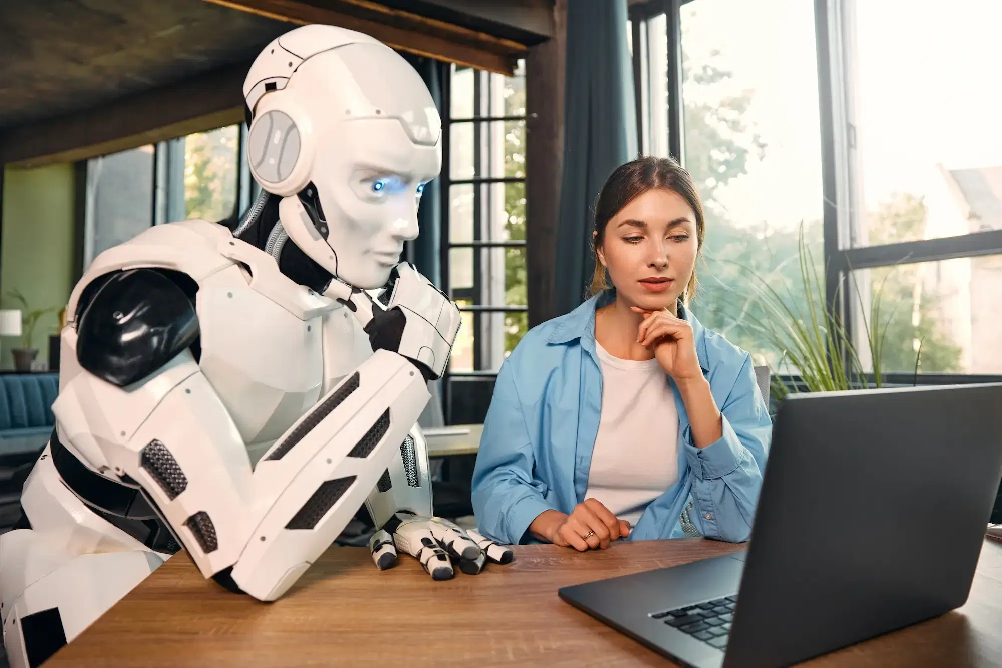 Une jeune femme et un robot travaillant ensemble sur un ordinateur portable au bureau